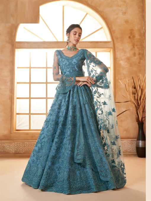 Bluish Cyan Color Lehenga Choli In Net Fabric