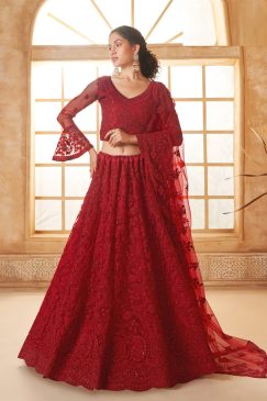 Red Color Lehenga Choli In Net Fabric