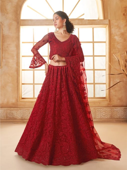 Red Color Lehenga Choli In Net Fabric