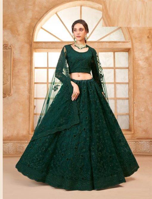 Green Color Lehenga Choli In Net Fabric