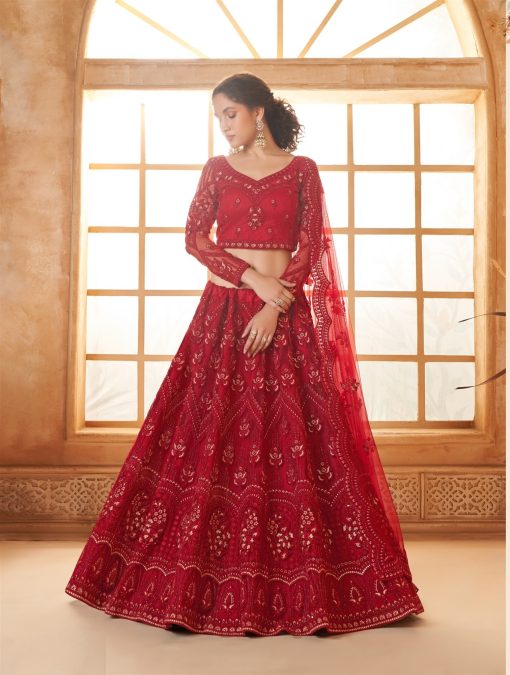 Red Color Lehenga Choli In Net Fabric