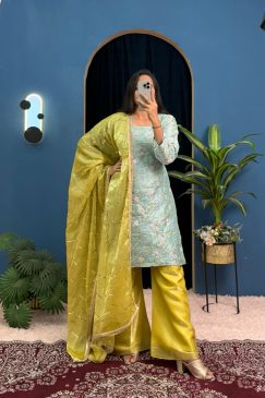 Alternative view of Trending 3 Piece Kurti Set With Fully Embroidery Work On Jimmy Cho Fabric With Stitch Plazzo Pent