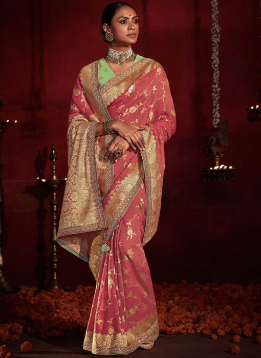 Rose Banarasi Silk Embroidered Wedding Saree