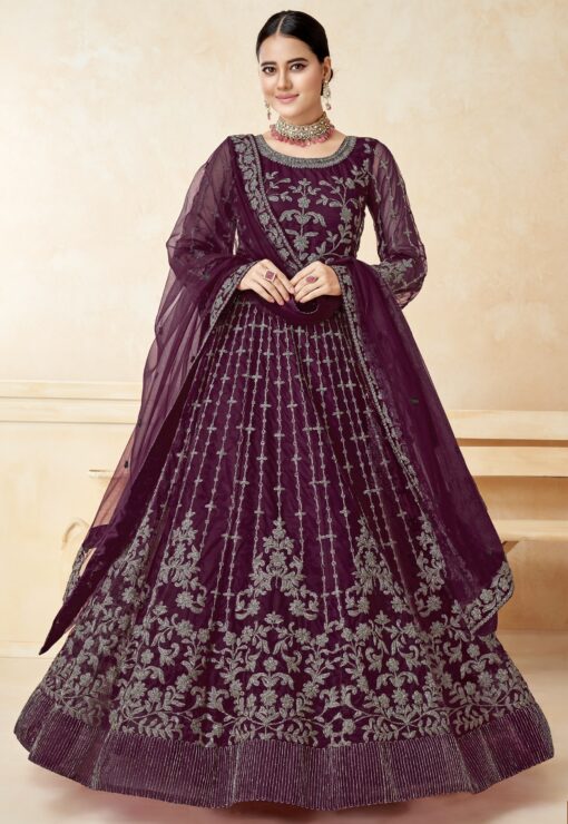 Wine Net Embroidered Anarkali Suit