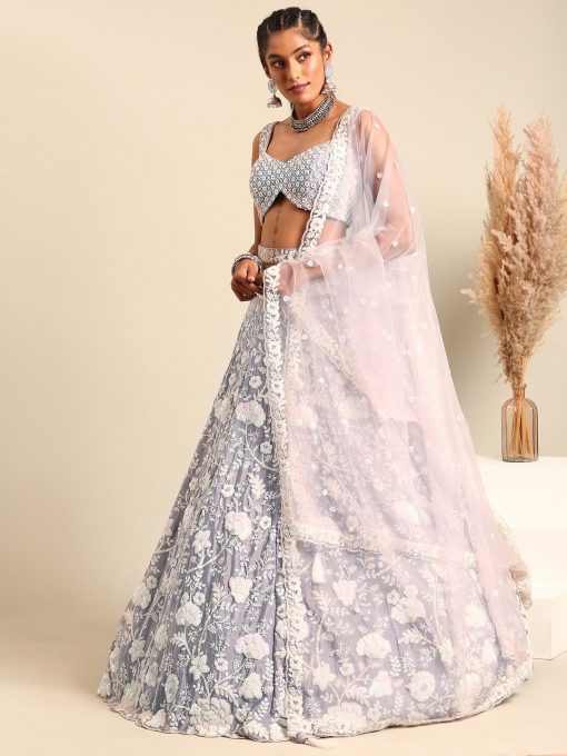 Mauve Semi-Stitched Embroidered Net Lehenga main image 0