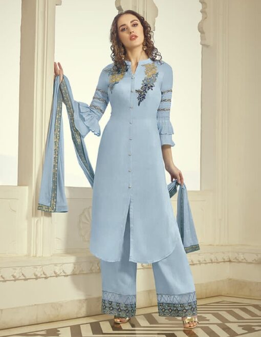 Powder Blue Embroidered Plazzo Suit