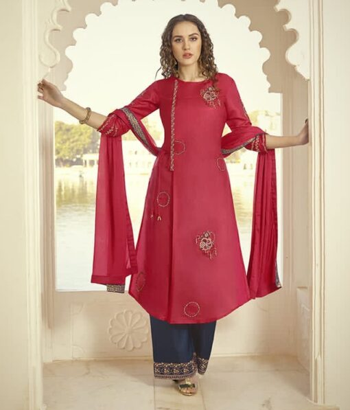 Red And Blue Embroidered Plazzo Suit