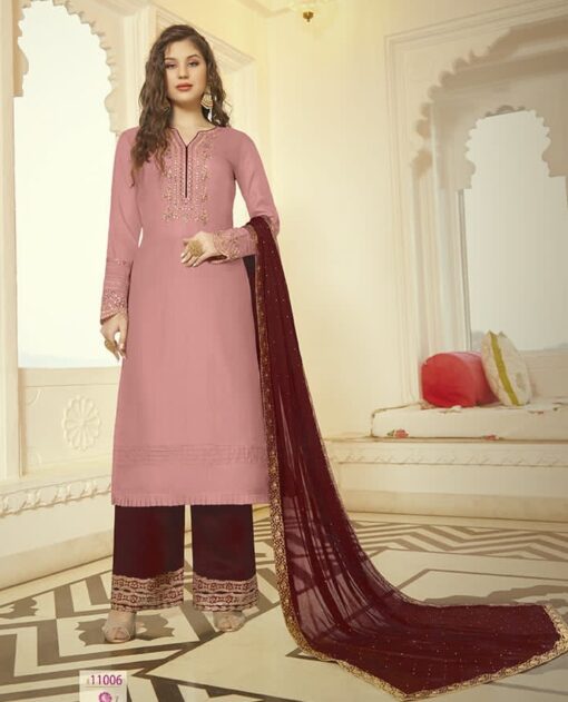 Pink And Maroon Embroidered Plazzo Suit