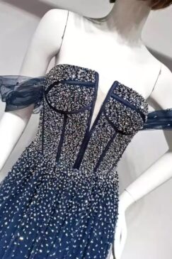 Alternative view of Blue Off The Shoulder Bead Embellished Evening Gown