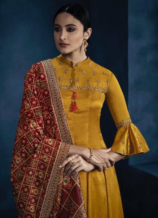 Mustard Silky Satin Georgette Anarkali Suit - Salwar Kameez Designer ...