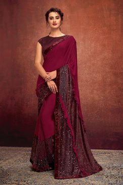 Maroon Sequinned Party Wear Saree