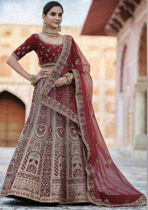 Maroon Velvet Bridal Lehenga Choli