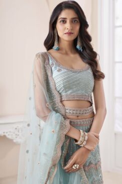 Alternative view of Turquoise Net Embroidered Lehenga Choli