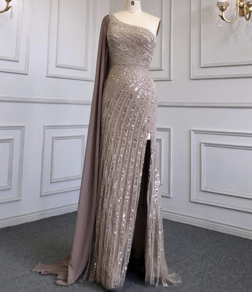 Heavily Beaded One Shoulder Drape Evening Dress