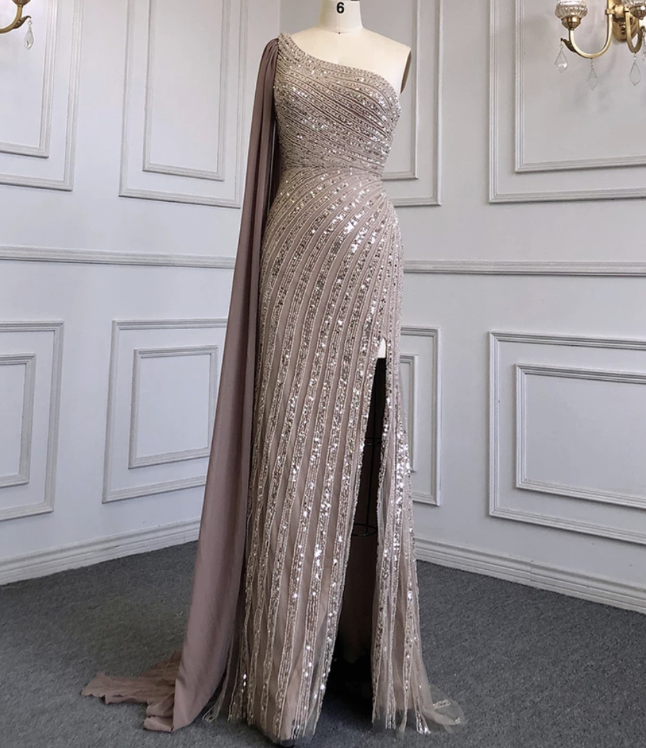 Off Shoulder Split Beaded Evening Dress - Evening Dresses, Made To Order  Designer Collection