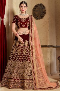 Maroon Velvet Wedding Lehenga Choli