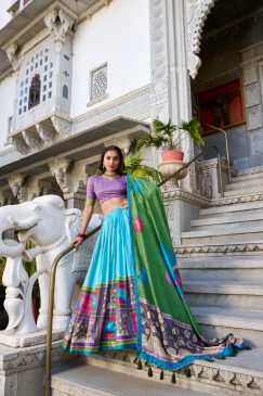 Lehenga Choli Draped In Tradition, Shining In Silk sky blue color