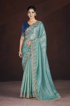 Bright Teal Color Beautiful PArtywear saree