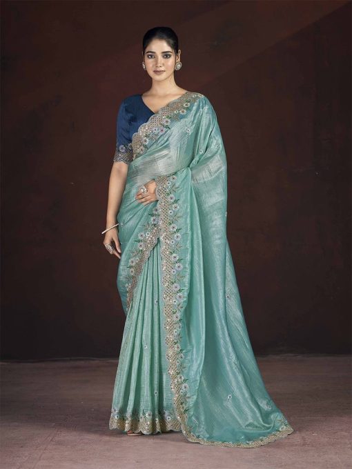 Bright Teal Color Beautiful PArtywear saree