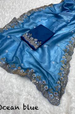 Alternative view of Ocean Blue Color Beautiful PArtywear saree