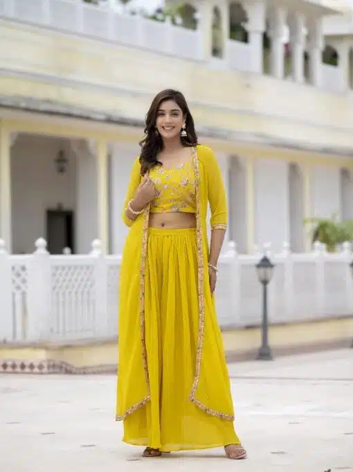 Embroidered Choli And Shrug With Flared Palazzo
