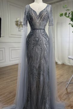 Cape Sleeve Beaded Mermaid Evening Dress
