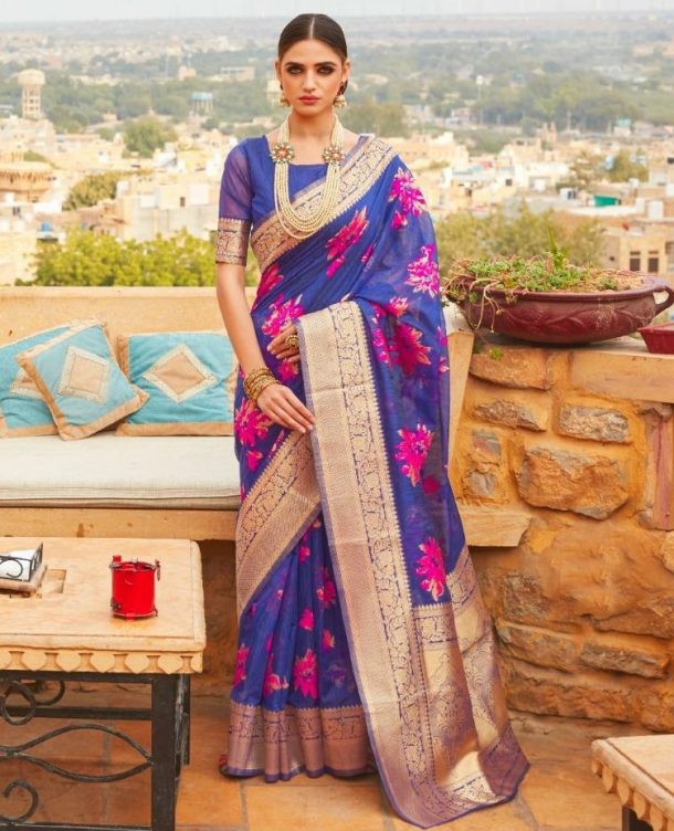 Traditional Purple Blue Linen Silk Saree - Sarees Designer Collection