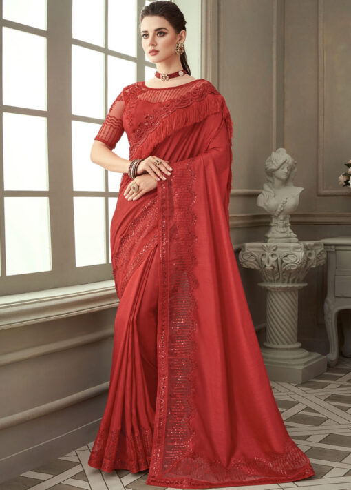 Red Fancy Silk Saree With Fringe Detail