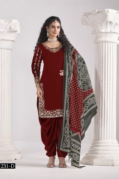 Maroon Color Patiala Dress in Roman Silk Fabric