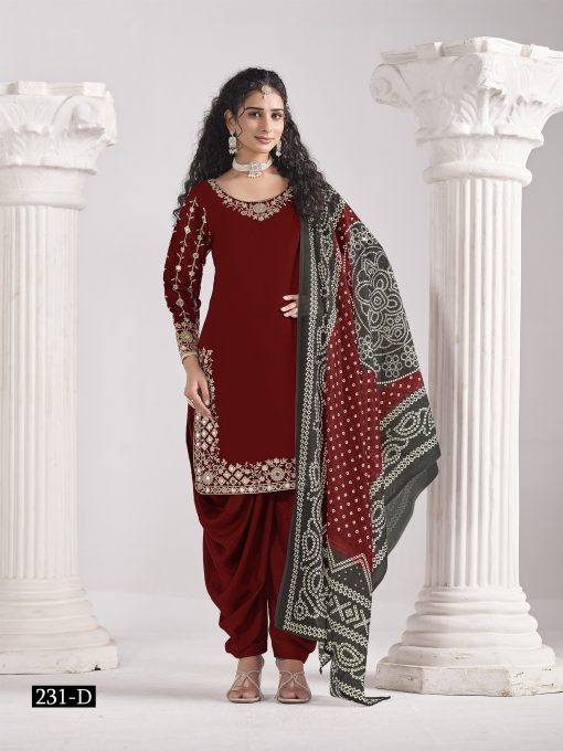 Maroon Color Patiala Dress in Roman Silk Fabric