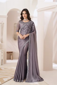 Grey Color Sparkle Sartin Silk Saree