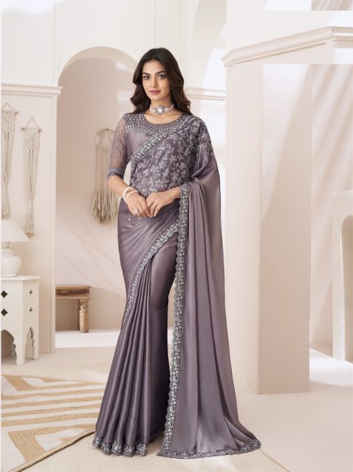 Grey Color Sparkle Sartin Silk Saree