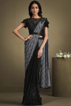 Black Crepe Silk Pre Pleated Designer Saree