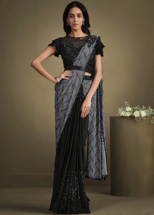 Black Crepe Silk Pre Pleated Designer Saree