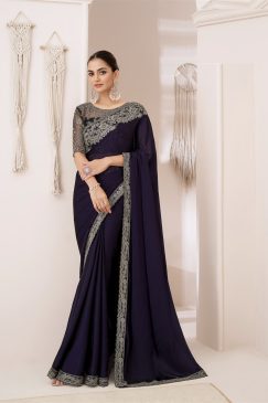 Georgette chiffon Saree in Dark Blue Color