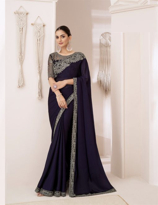 Georgette chiffon Saree in Dark Blue Color