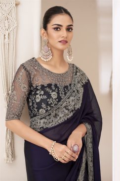 Alternative view of Georgette chiffon Saree in Dark Blue Color