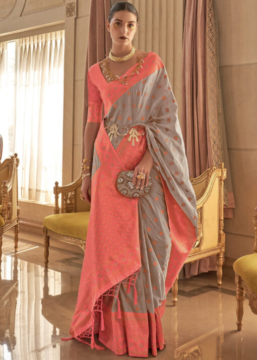 Grey Zari Woven Silk Saree