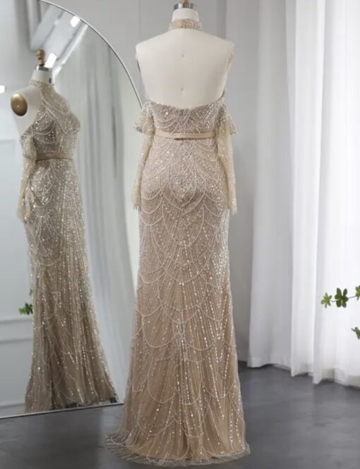 VC Beige Spilced Folds Short Dress Off The Shoulder Pearl Sequins Beading Chains Mini Cocktail Evening Party Vestido