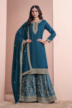 Morptich Color Partywear Plazo Suit In Silk Fabric Wedding Function