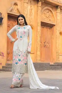 White Color Beautiful Partywear Dress in Chinon Fabric