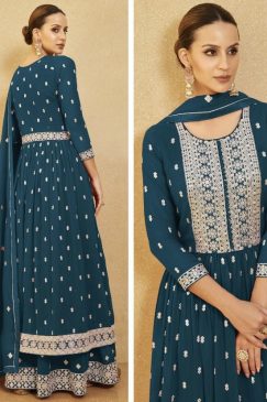 Alternative view of Teal Georgette Anarkali Palazzo Suit