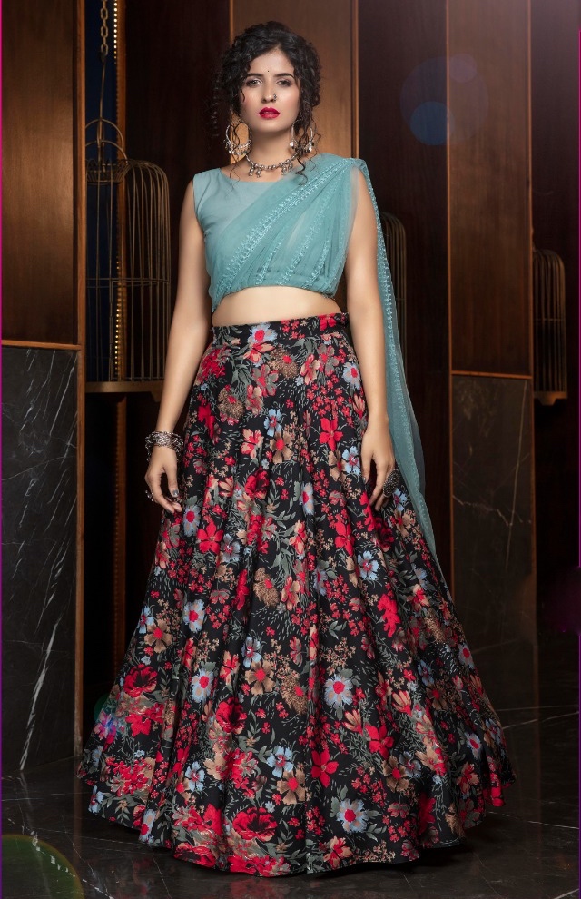 Black Floral Print Crepe Lehenga Choli Lehengas Designer Collection