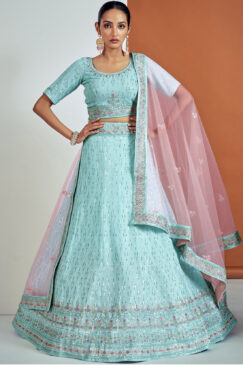 Turquoise Embroidered Party Wear Lehenga Choli