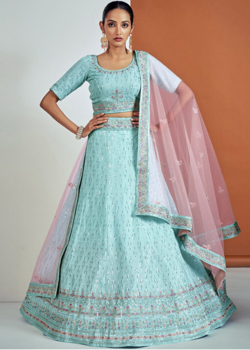 Turquoise Embroidered Party Wear Lehenga Choli