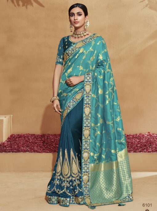 Blue Banarasi Silk Embroidered Wedding Saree