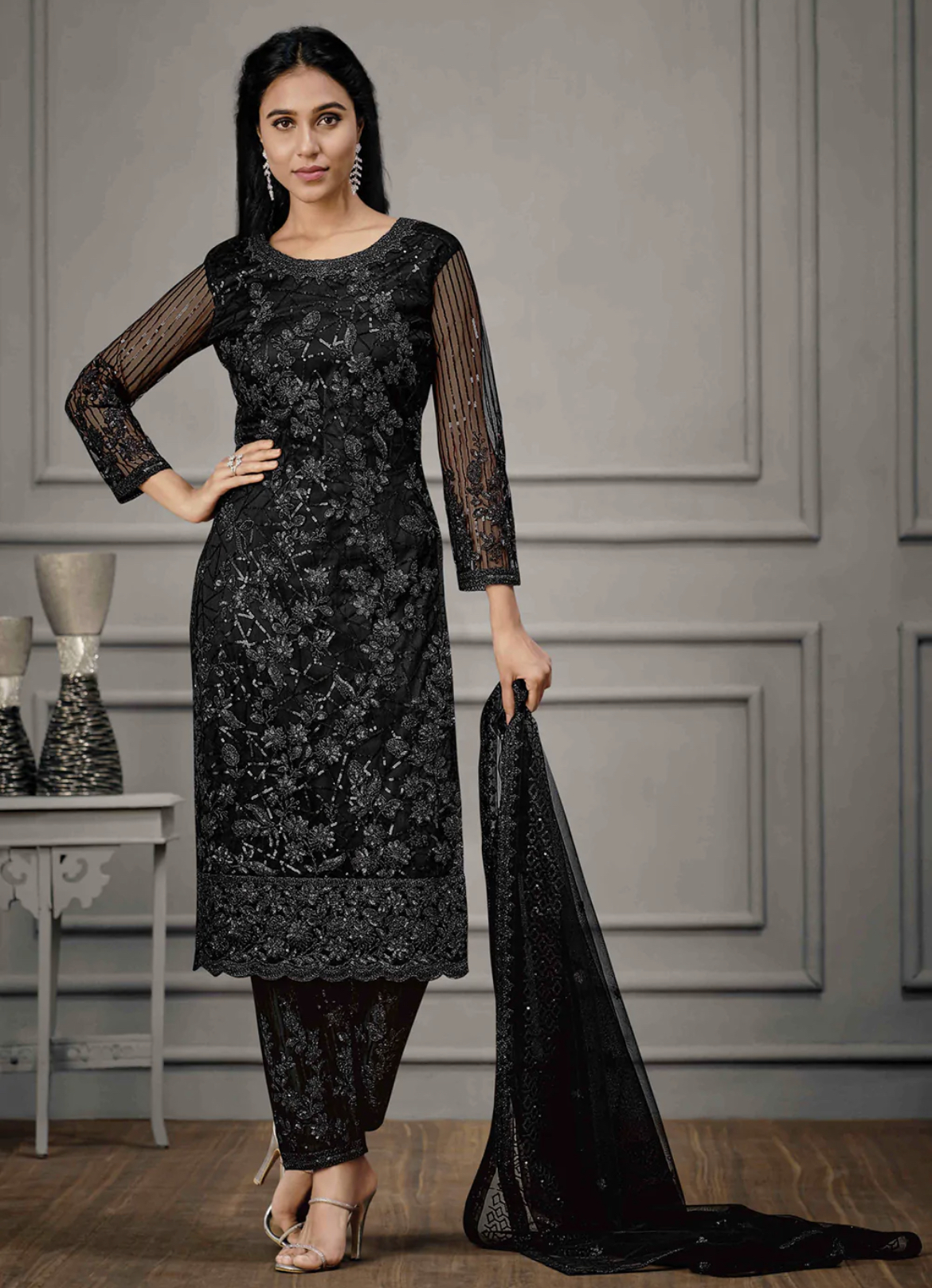 Black Straight Cut Pant Suit - Salwar Kameez Designer Collection