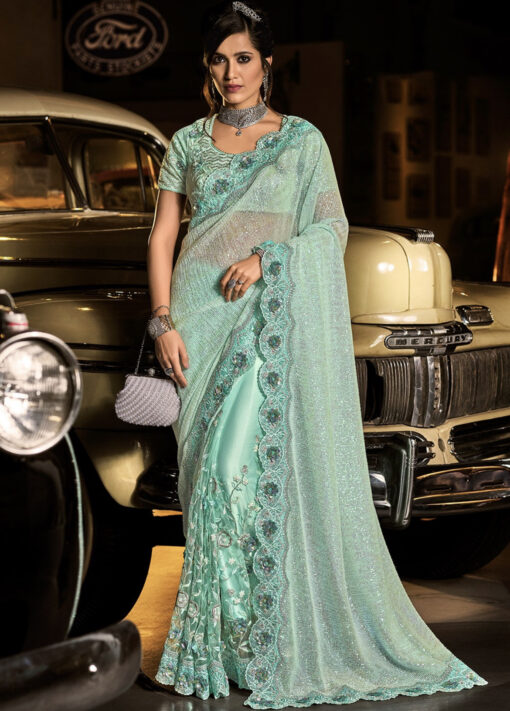 Sea Green Digital Net Heavy Work Saree