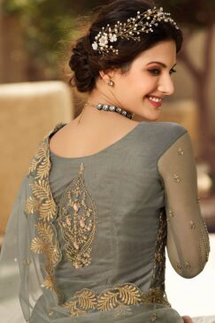 Grey Net Long Choli Lehenga Suit