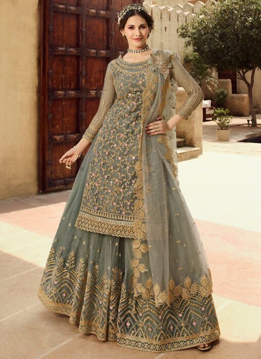 Grey Net Long Choli Lehenga Suit